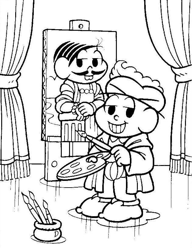 Desenhos de Cebolinha Pintando Quadro Incrível de Turma da Monica para Colorir e Pintar