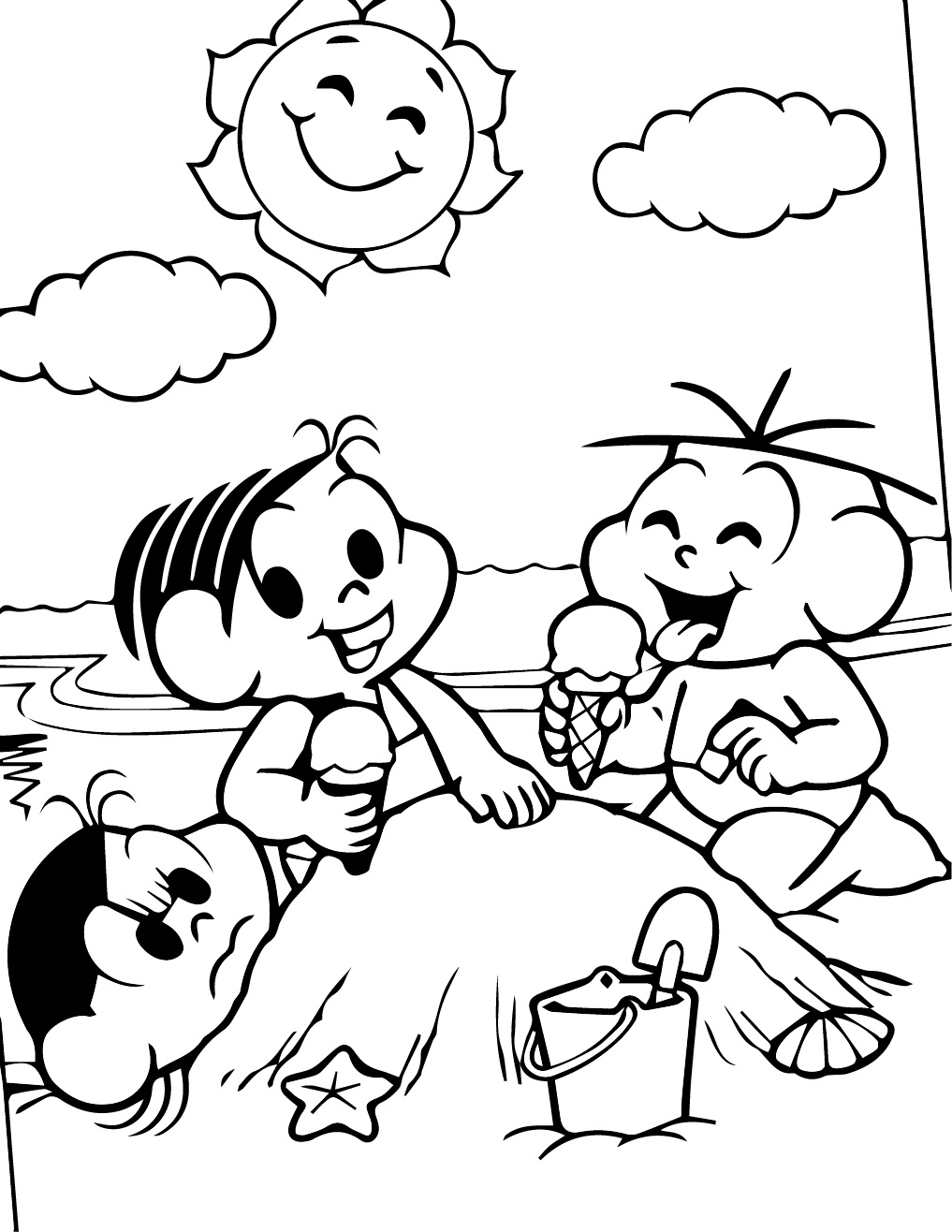 Desenhos de Monica e Amigos na Praia para Colorir e Pintar