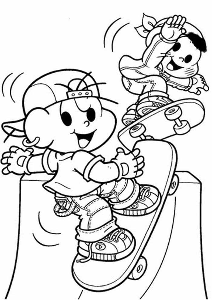 Desenho Cebolinha e Cascão da Turma da Monica Andando de Skate para Colorir e Pintar
