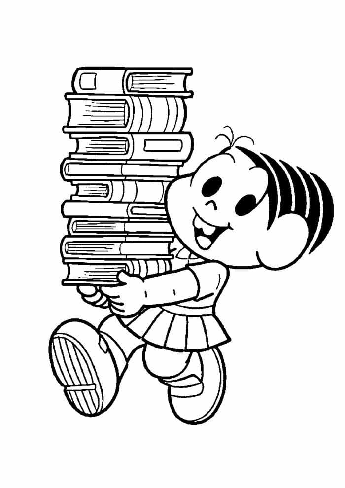 Desenho da Monica Carregando Muitos Livros na Escola para Colorir em Pdf e Pintar