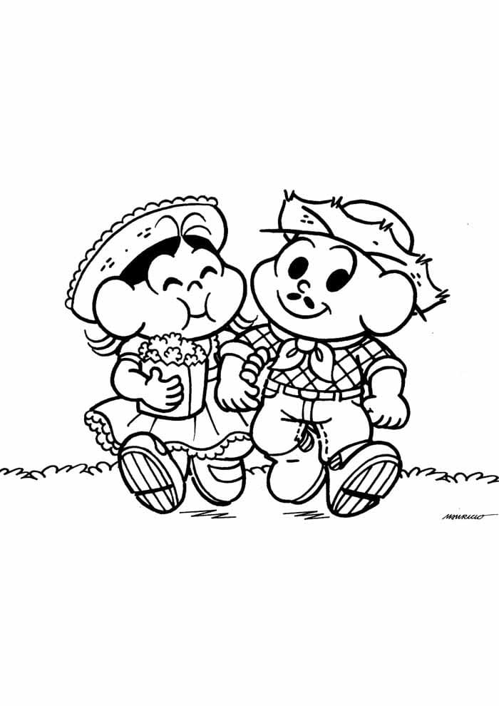 Desenho da Turma da Monica em Festa Junina com Comidas Deliciosas para Colorir e Pintar