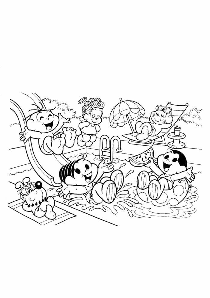 Desenho da Turma da Monica em Festa na Piscina para Colorir e Pintar