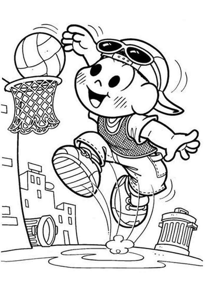 Desenho da Turma da Monica Jogando Basquete para Colorir em Pdf Grátis e Pintar