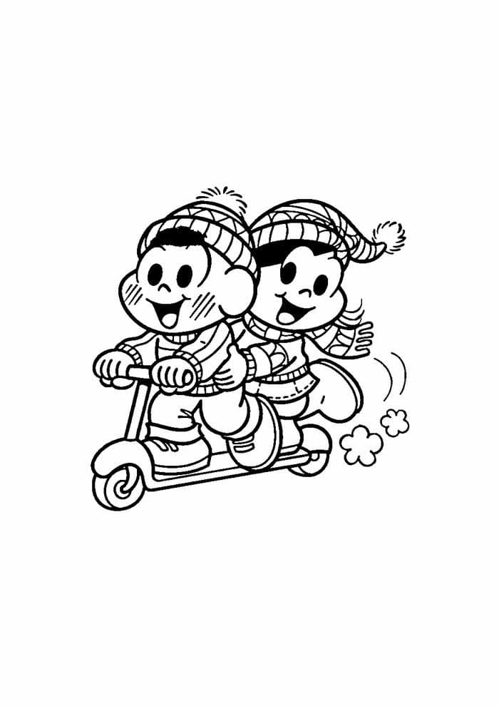 Desenho de Cascão e Magali Andando de Patinete para Colorir Grátis e Pintar