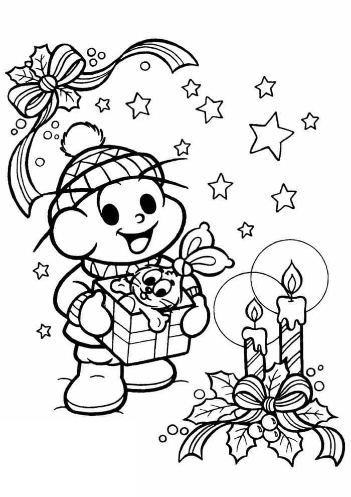 Desenho de Cebolinha com Lindo Resente de Natal Turma da Monica para Colorir e Pintar