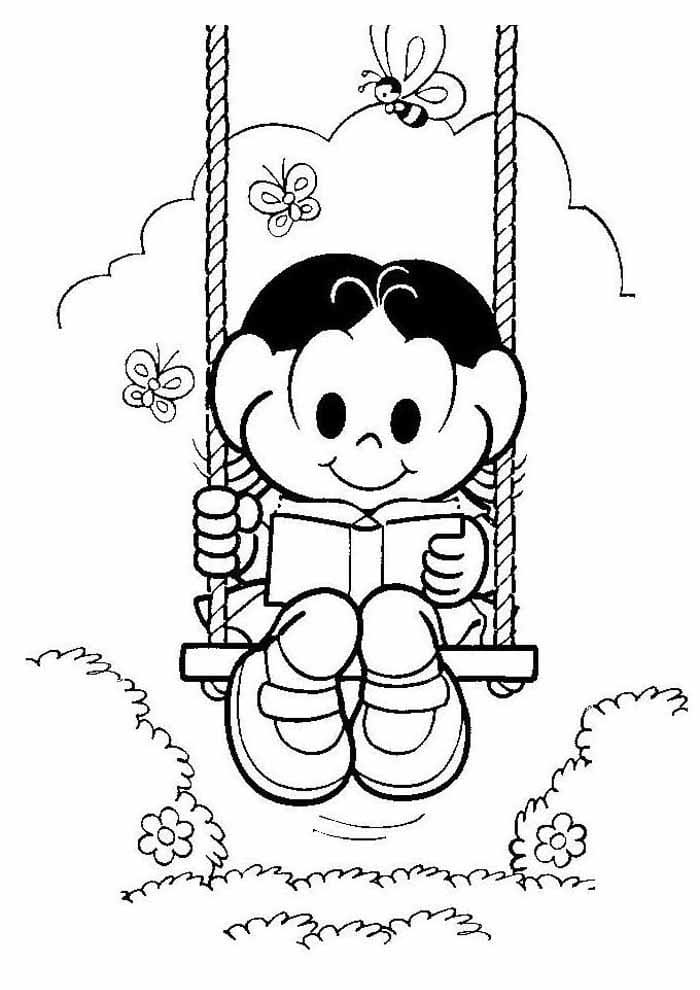 Desenho de Magali Lendo Livro no Balanço Turma da Monica para Colorir e Pintar