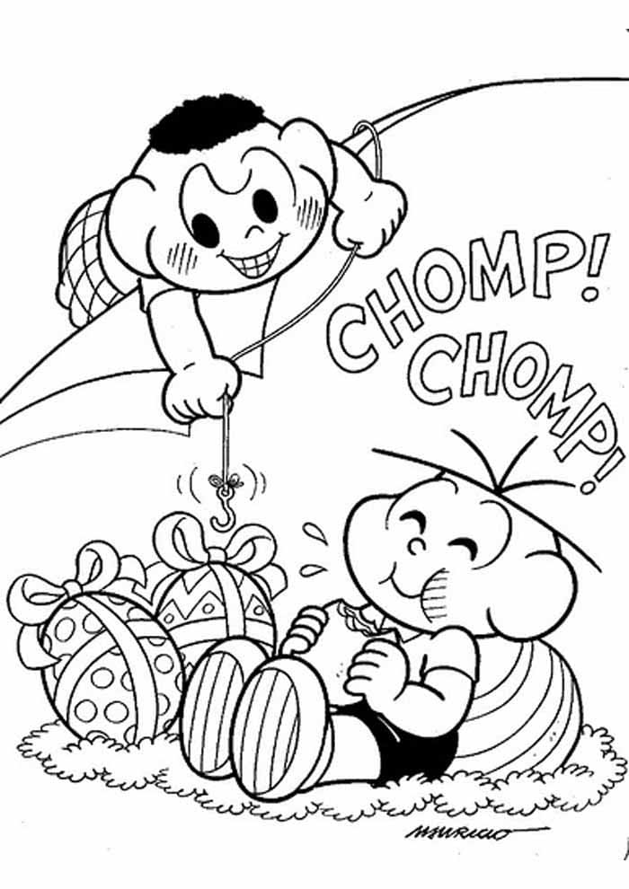 Desenho do Cascão Pegando Ovos de Páscoa do Cebolinha para Colorir e Pintar