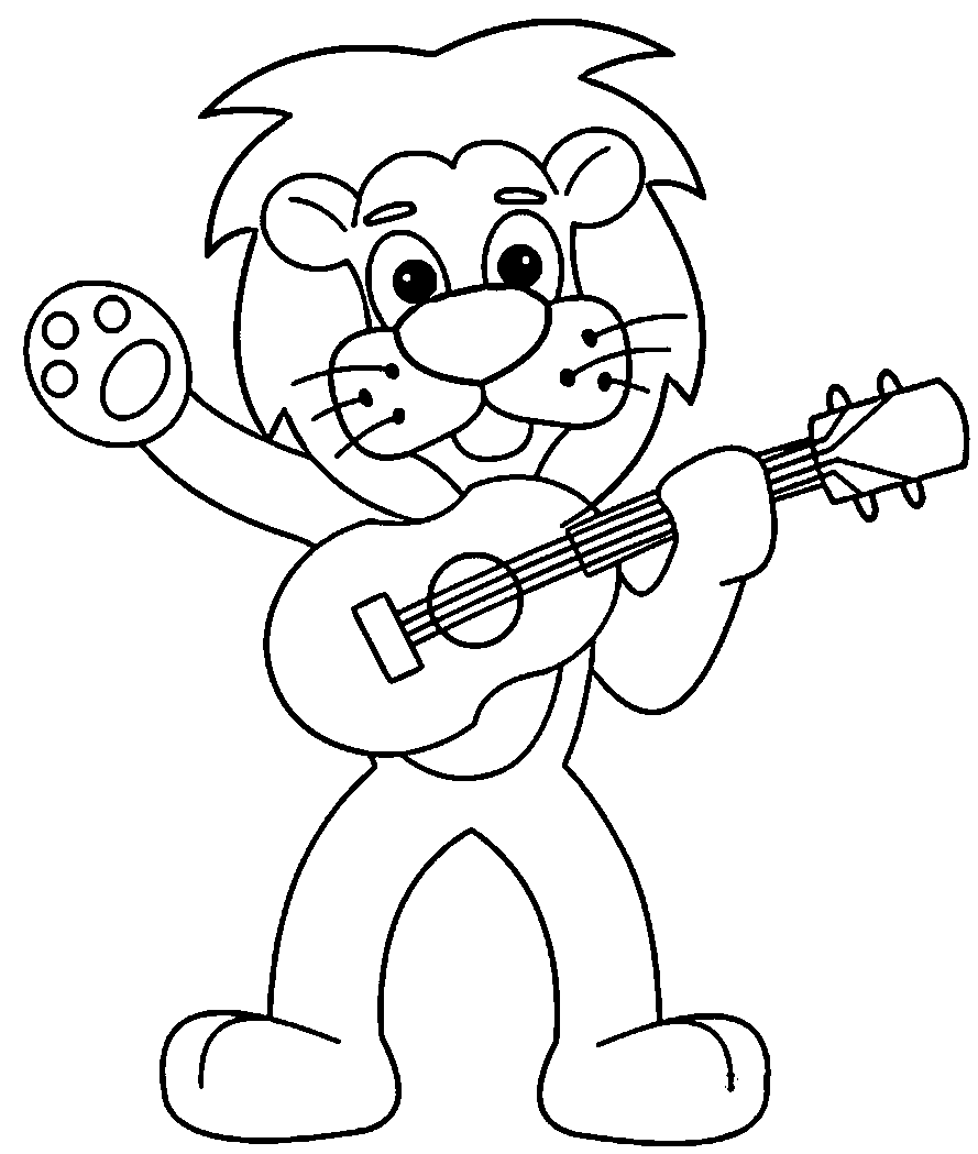 Desenho de Leão Tocando Ukulele para Colorir e Pintar