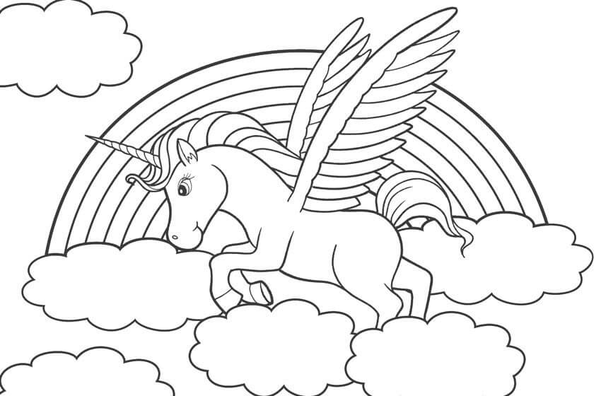Desenho de Lindo Unicórnio Alado Cavalgando nas Nuvens para Colorir e Pintar
