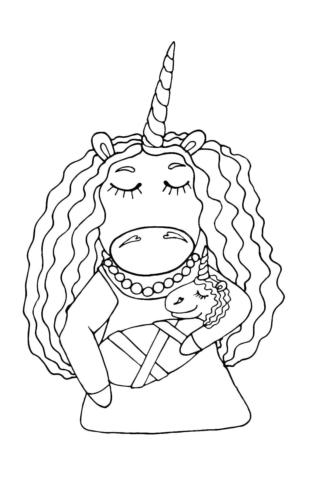 Desenho de Mãe e Bebê Unicórnio para Colorir Pdf e Pintar