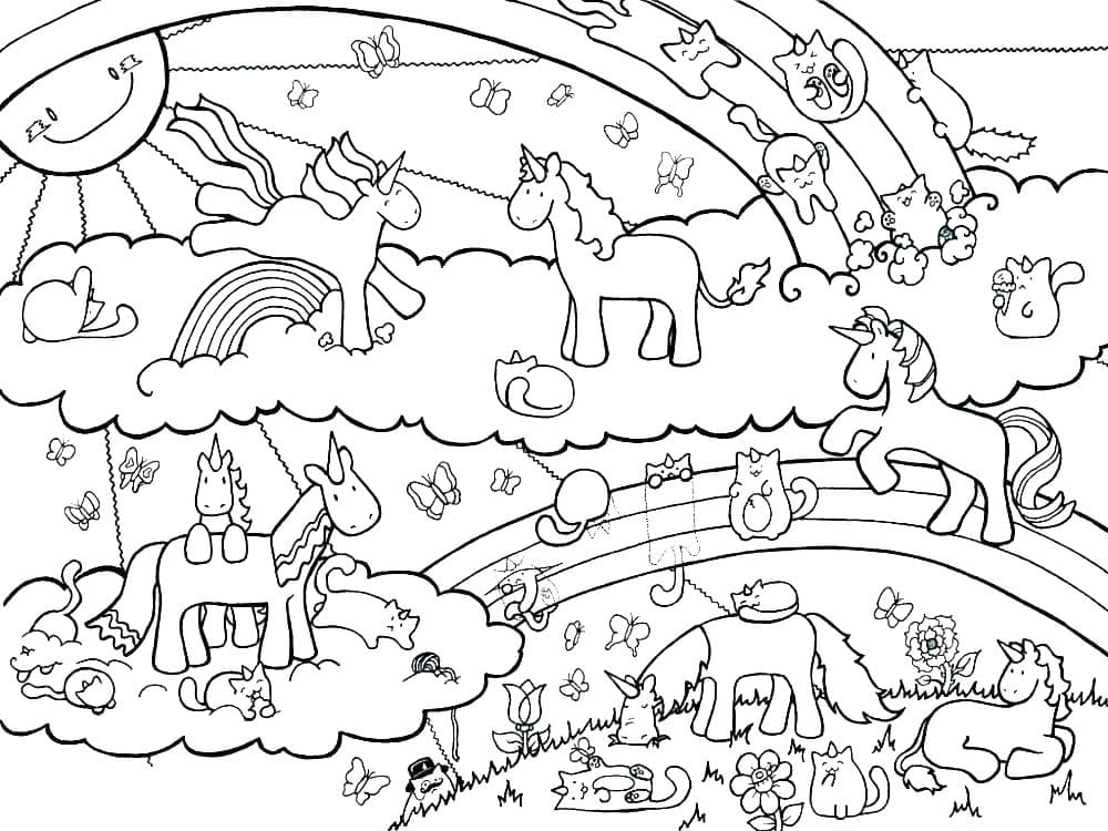 Desenho de Muitos Unicórnios Brincando na Floresta Encantada para Colorir Grátis e Pintar