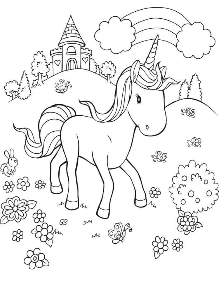 Desenho de Unicórnio no Jardim do Castelo de Arco Íris para Colorir Grátis e Pintar