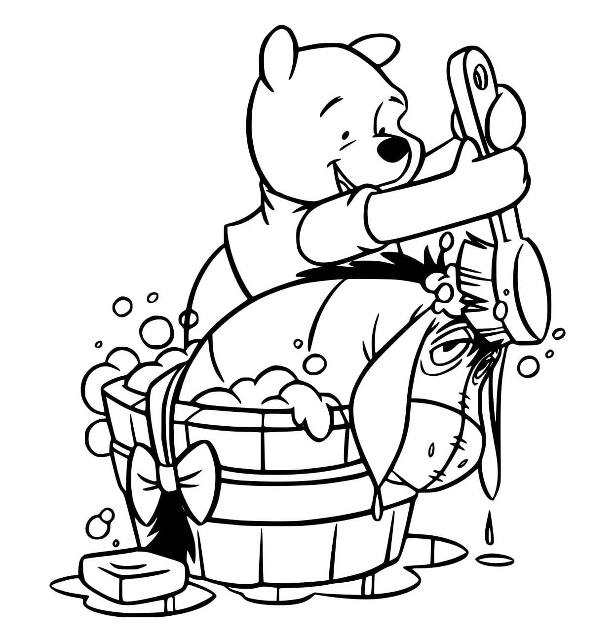 Desenho de Pooh Ajudá a Tomar Banho para Colorir e Pintar