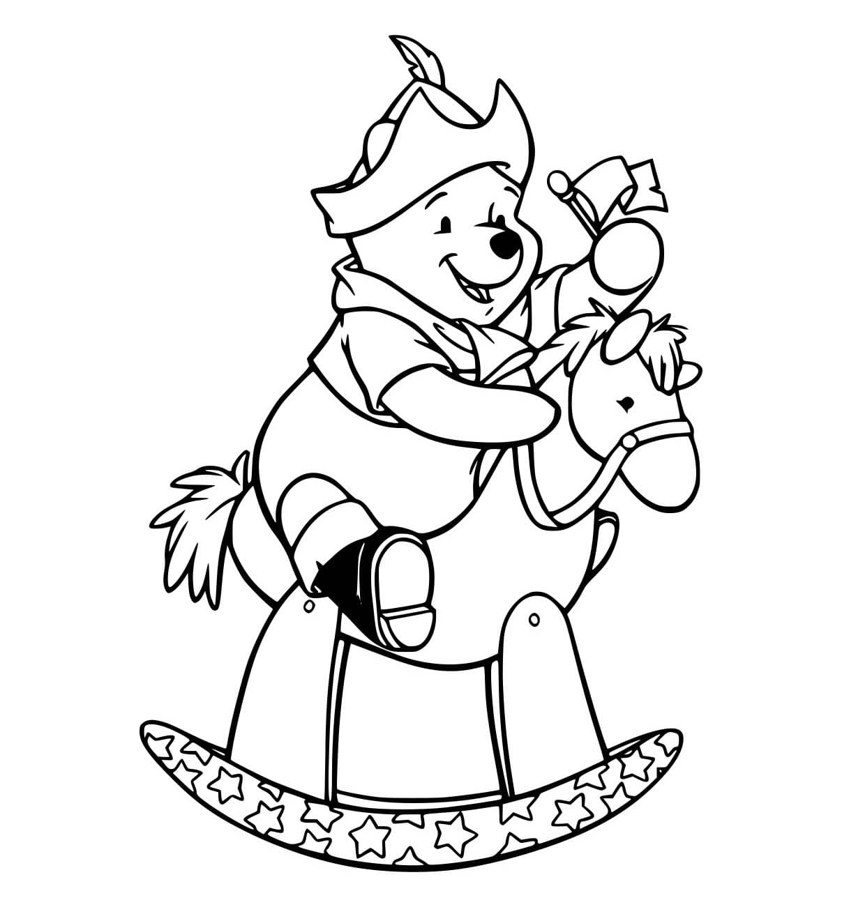 Desenho de Pooh Brincando Cavalo Madeira para Colorir e Pintar