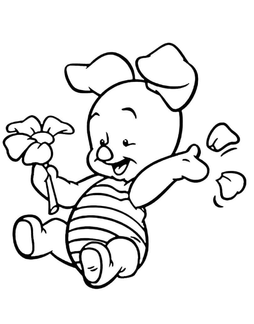 Desenho de Leitão com Flor Ursinho Pooh para Colorir e Pintar