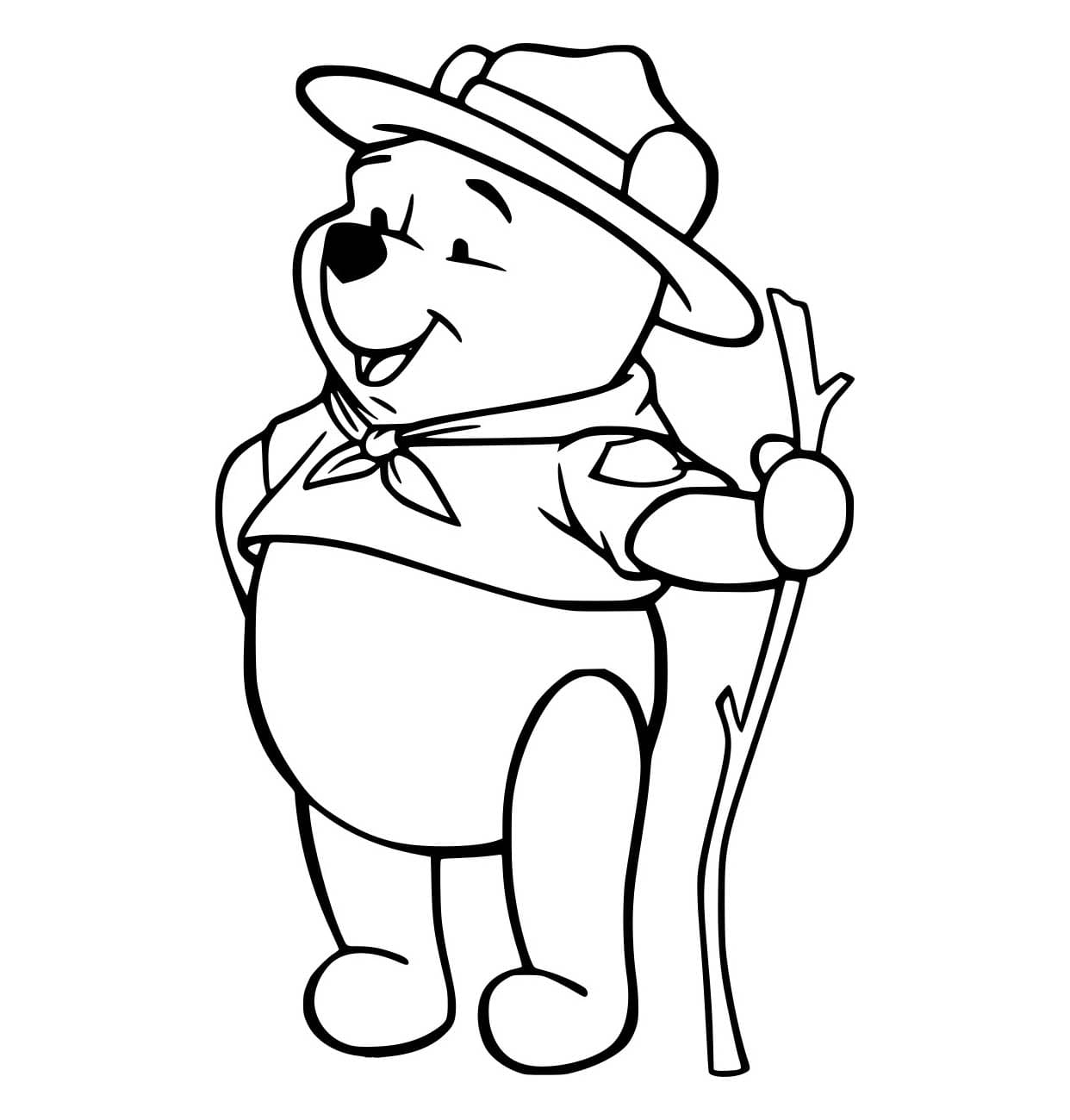 Desenho de Pooh Segurá um Pedaço Pau para Colorir e Pintar