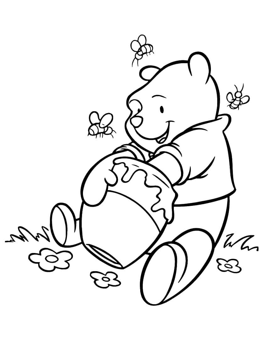 Desenho de Ursinho Pooh Comendo Mel para Colorir e Pintar