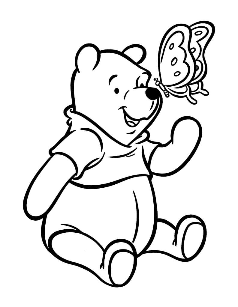 Desenho do Ursinho Pooh Brincando com Borboleta no Jardim para Colorir e Pintar