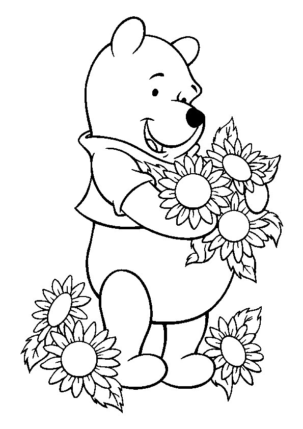 Desenho do Ursinho Pooh Segurando Várias Flores para Pintar