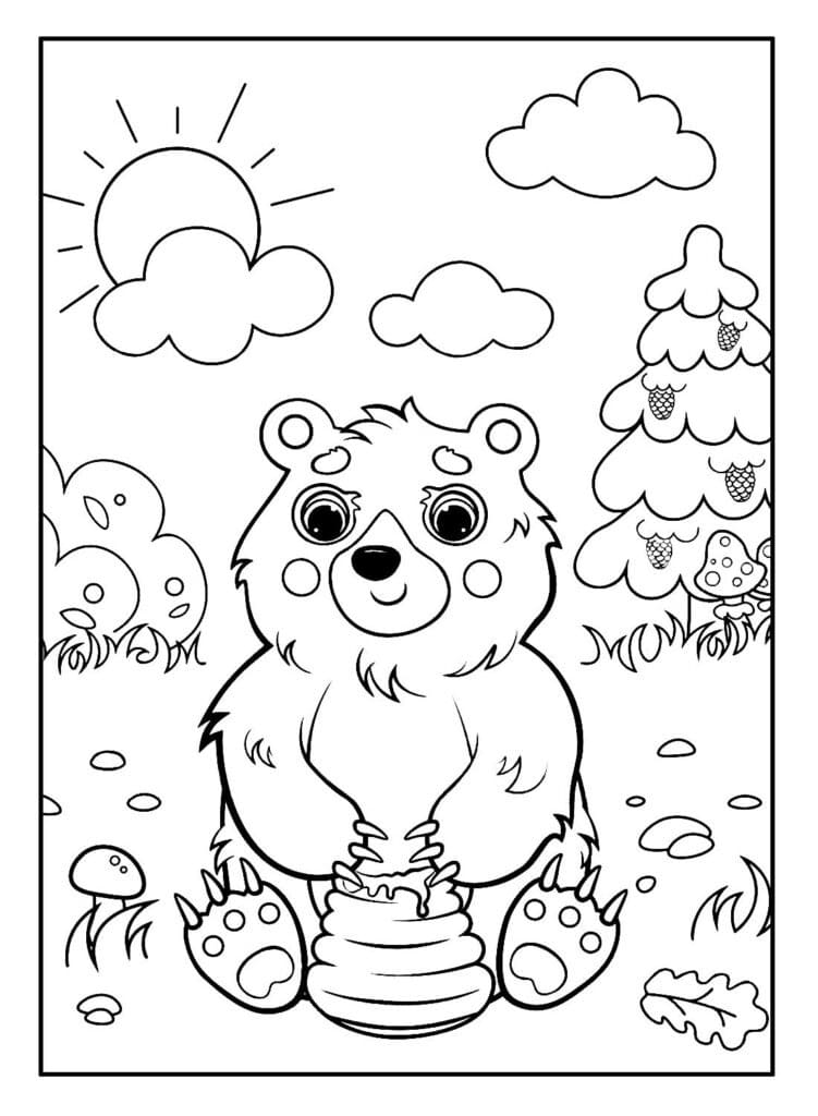 Desenho de Feliz Urso e Mel para Colorir e Pintar