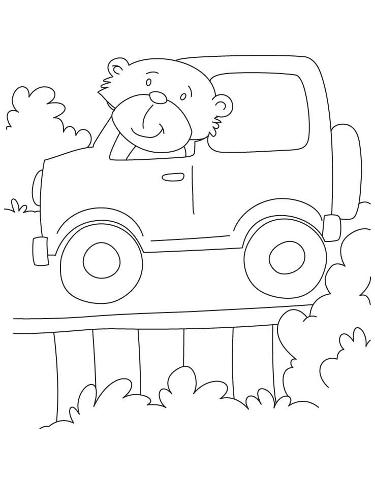 Desenho de Urso Dirigindo Jeep na Floresta para Colorir e Pintar