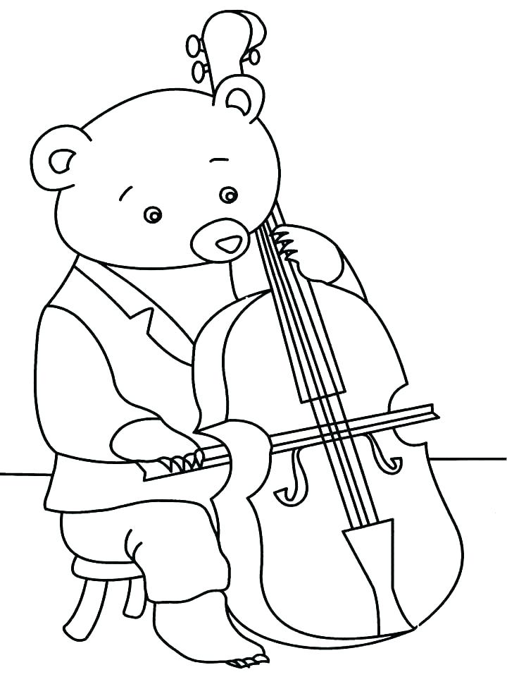 Desenho de Urso Tocando Violoncelo em Orquestrá para Colorir e Pintar