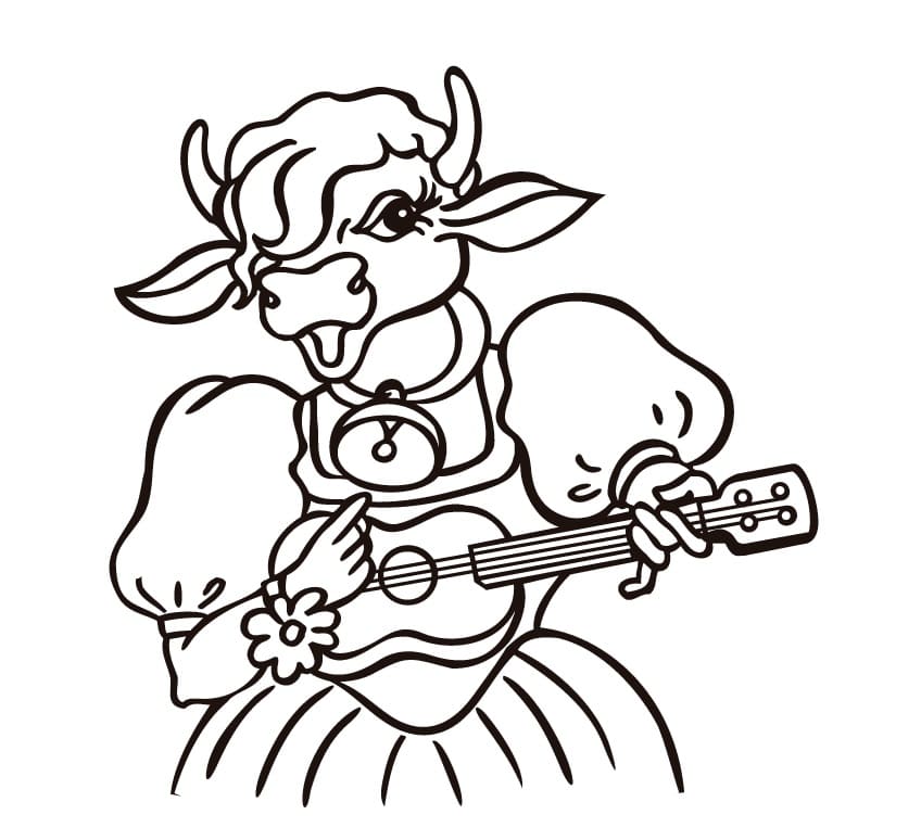 Desenho de Vaca Tocando Violão para Colorir e Pintar