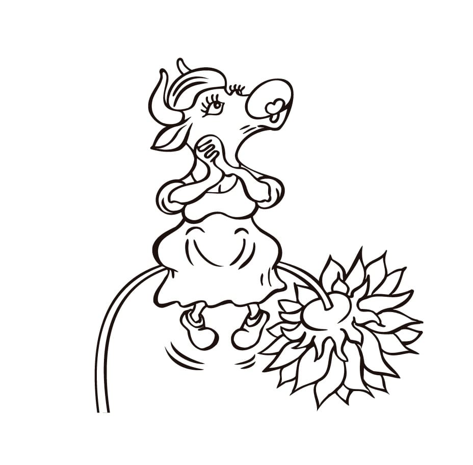 Desenho de Vaca em uma Flor para Colorir e Pintar