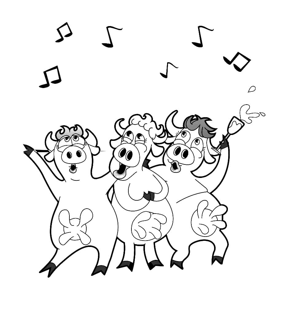 Desenho de Vacas Engracadas Estão Cantando para Colorir e Pintar