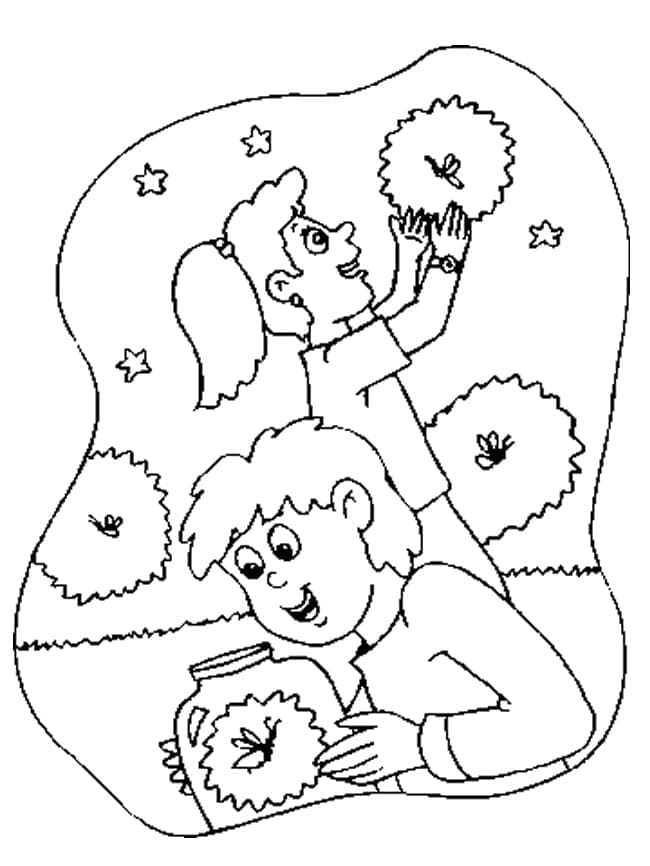 Desenho de Crianças e Vagalumes para Colorir e Pintar