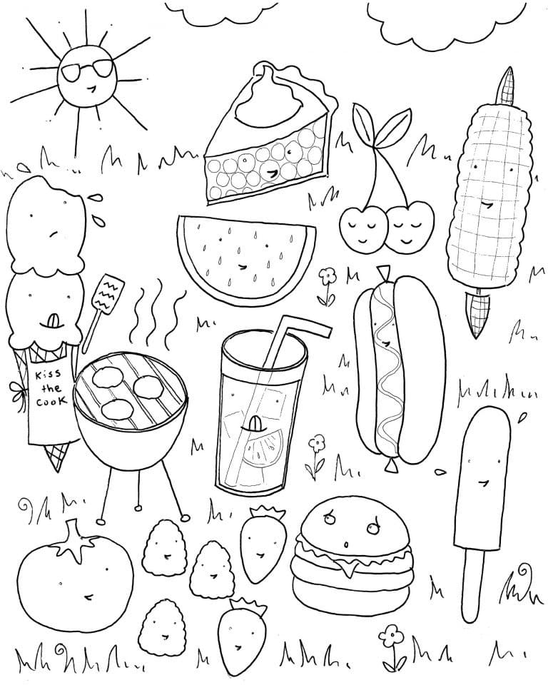 Desenho de Alimentos de Verão para Colorir e Pintar