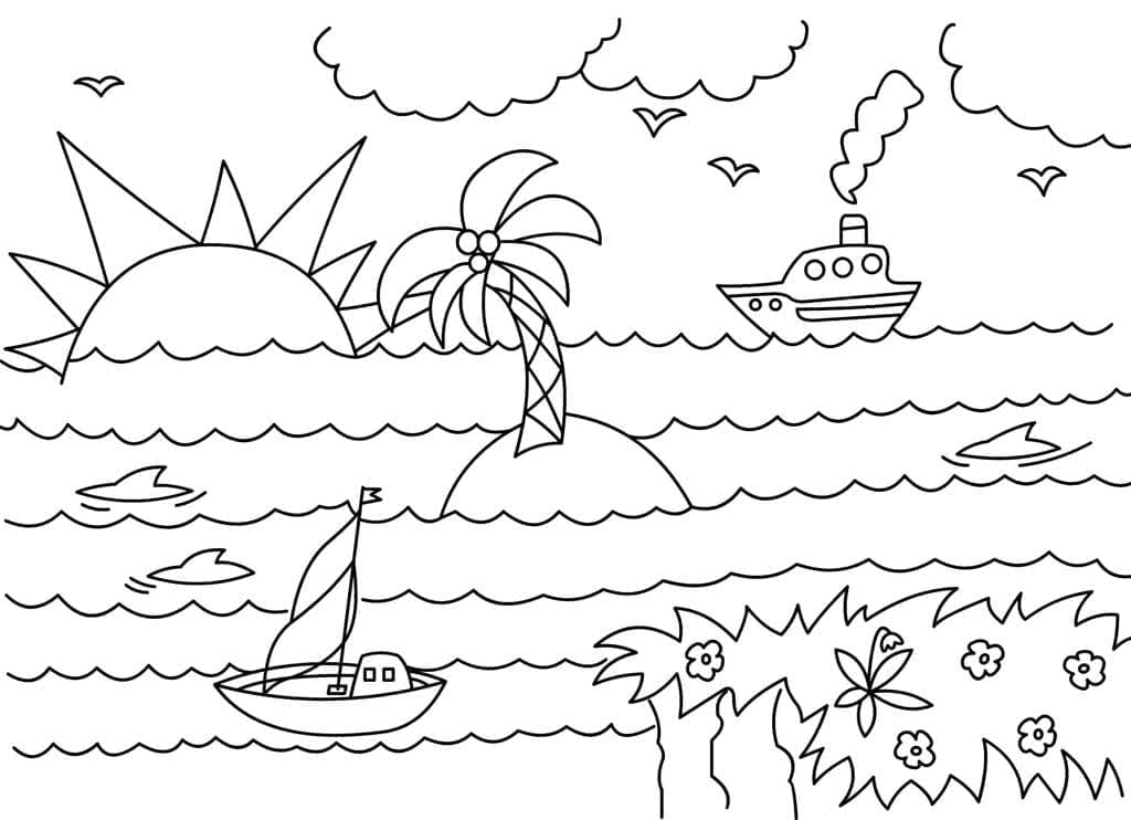 Desenho de Mar de Verão para Colorir e Pintar