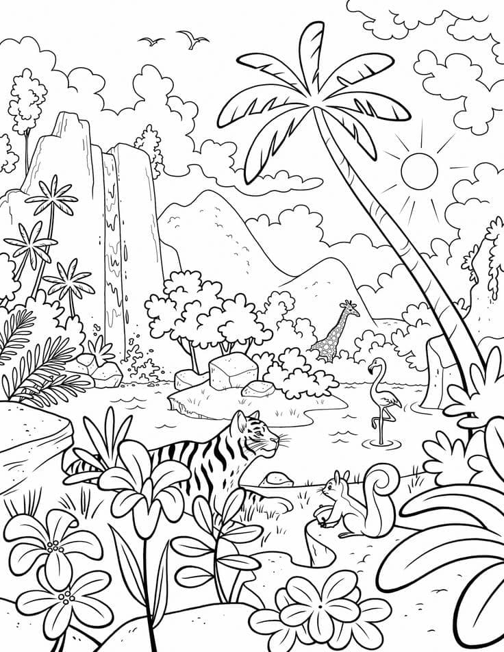 Desenho de Selva de Verão para Colorir e Pintar