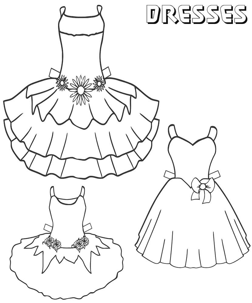 Desenho de Três Vestidos Lindos para Colorir e Personalizar e Pintar