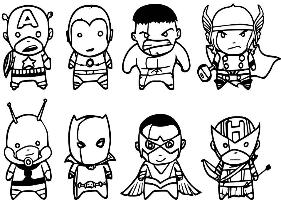Desenho de Vingadores Heróis Miniatura para Colorir com Giz de Cera e Pintar