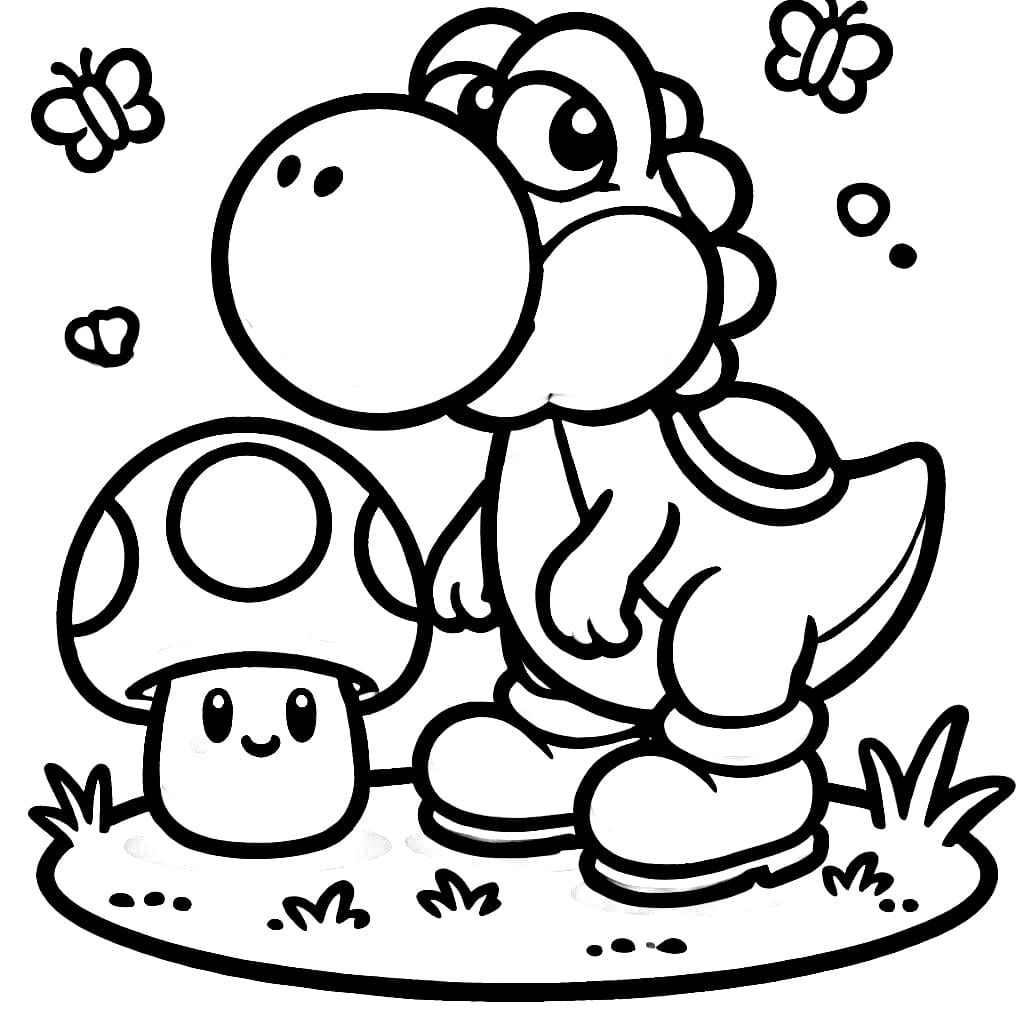 Desenho de Yoshi com Cogumelo para Colorir e Pintar