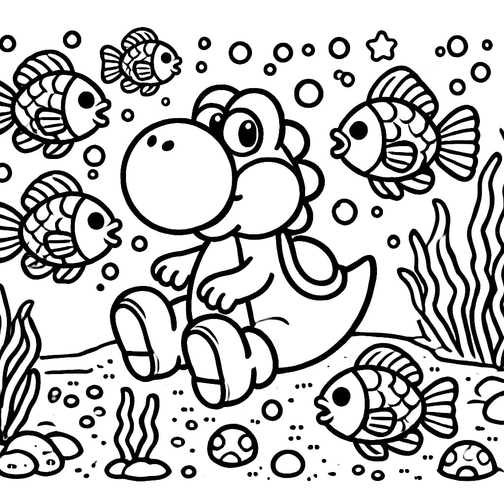 Desenho de Yoshi e Peixe para Colorir e Pintar