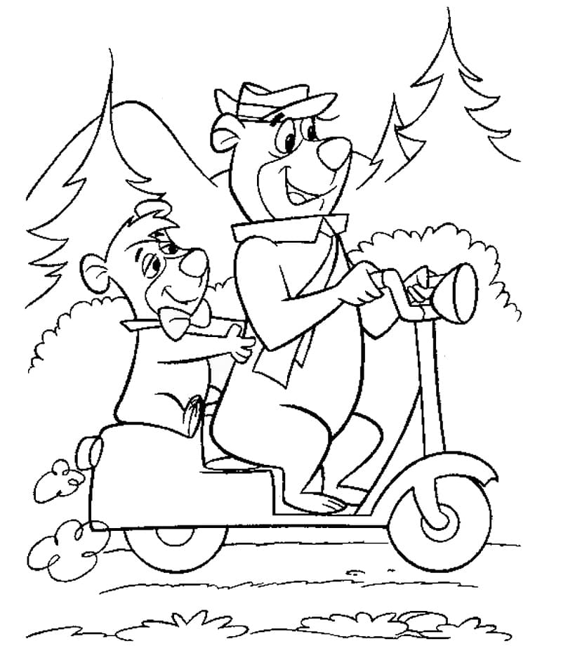 Desenho de Zé Colmeia de Moto na Floresta Grátis para Imprimir e Colorir e Pintar