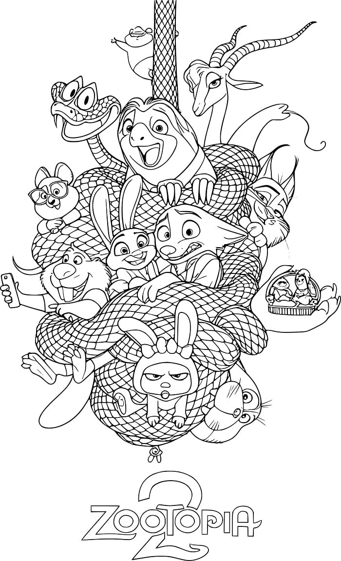Desenho com os Personagens do Filme Zootopia 2 para Imprimir e Colorir com Lápis de Cor