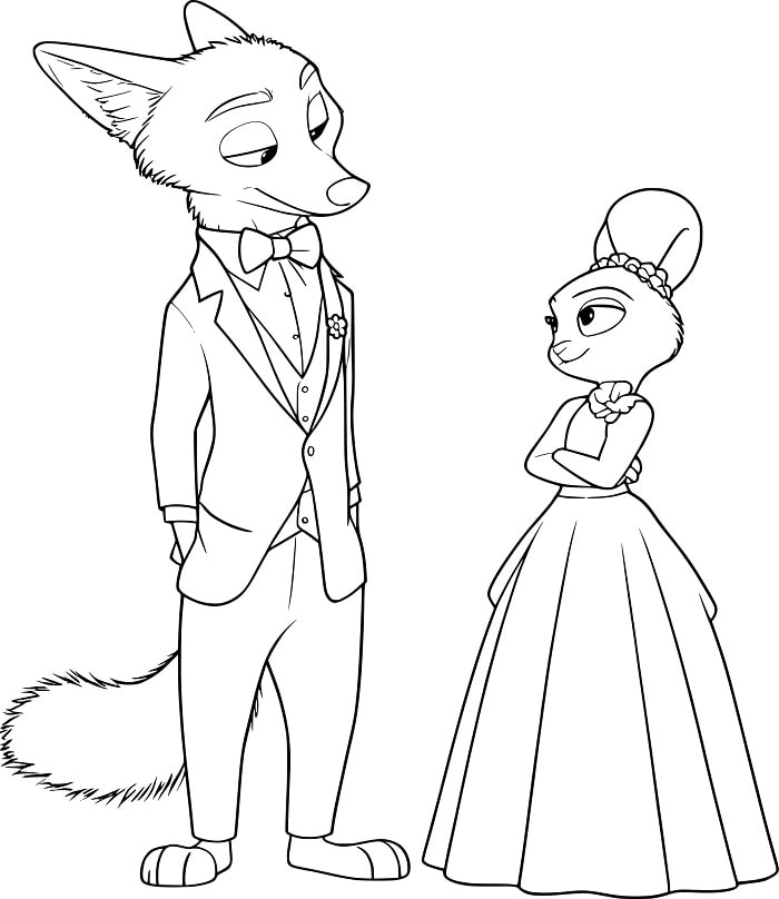 Desenho de Nick e Judy com Roupas de Baile na Realeza para Imprimir e Colorir